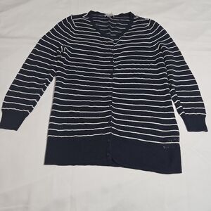 H&M Navy and White Striped Women's Knit Button Up Sweater